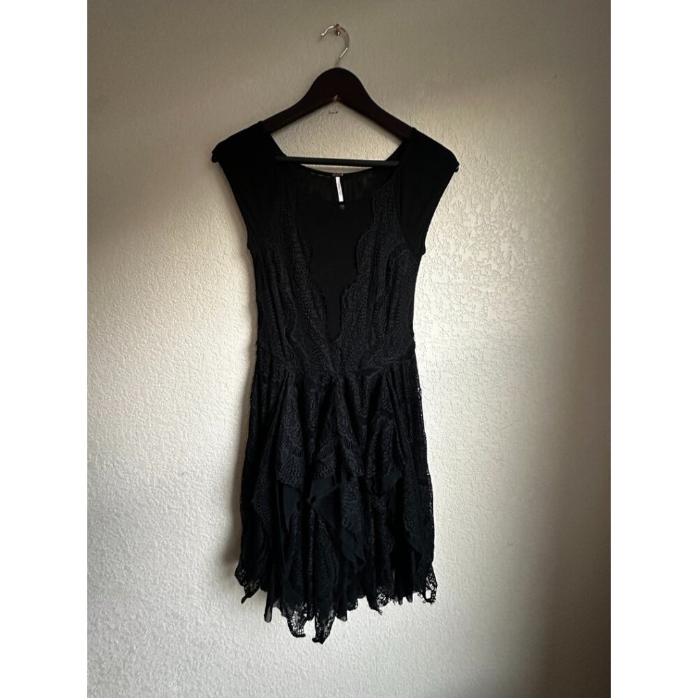 Free People Handkerchief Hem Lace Overlay Sheer Black Dress
